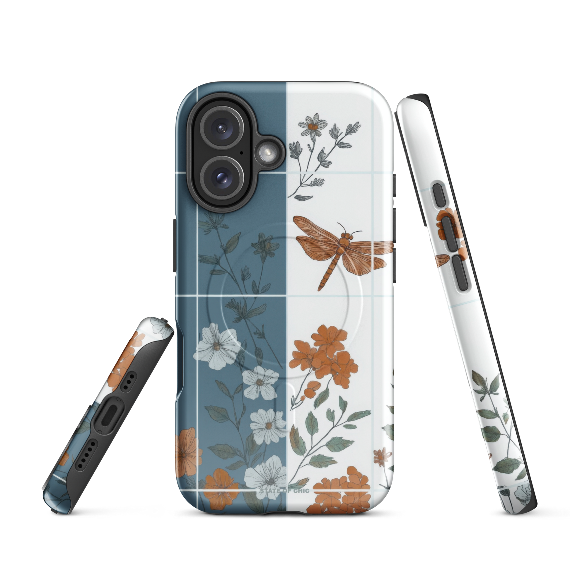 Side view of MagSafe-compatible Dragonfly Bloom case with nature-inspired artwork