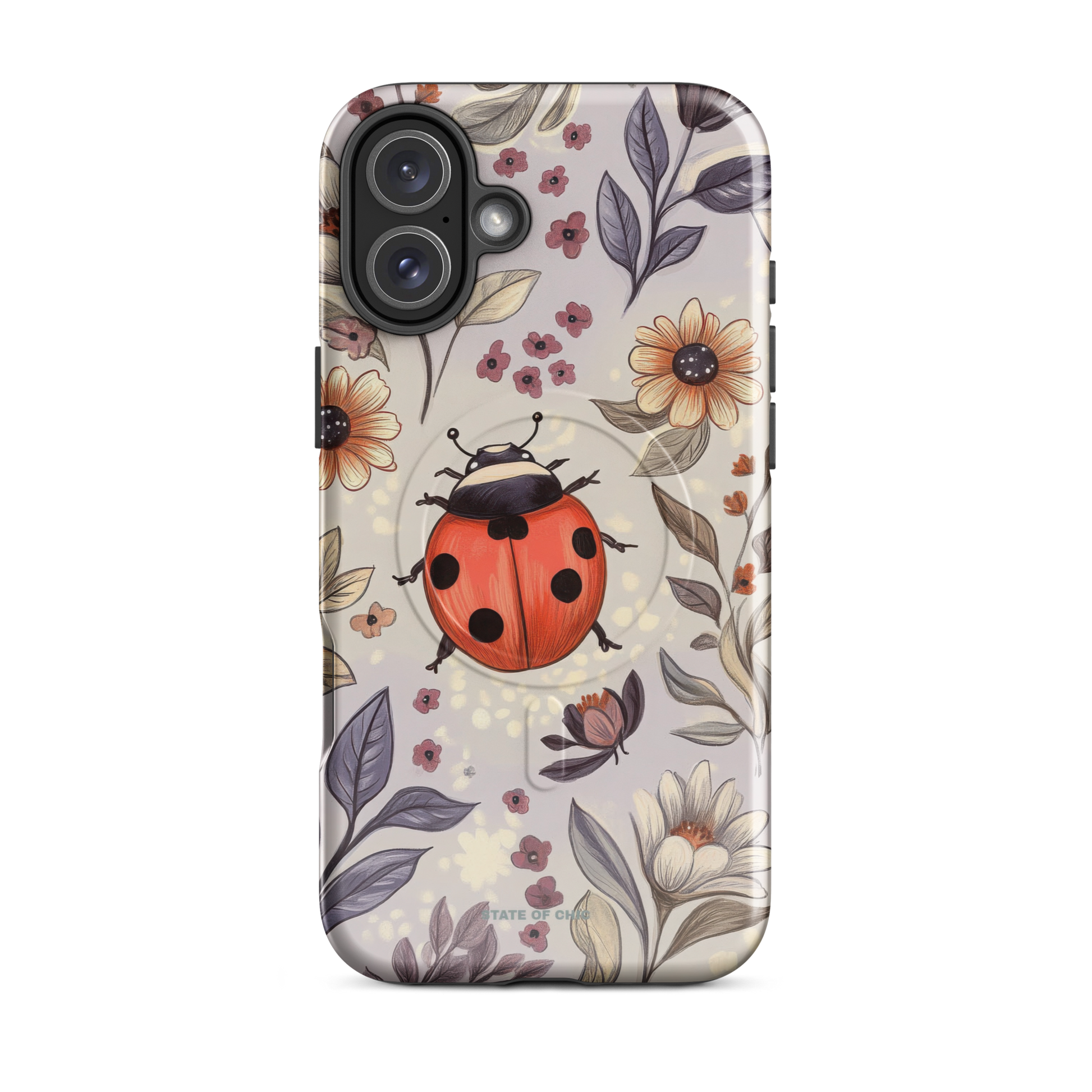 Front view of pastel purple iPhone case featuring a cute ladybug with botanical floral design, Ultra MagSafe® compatible.