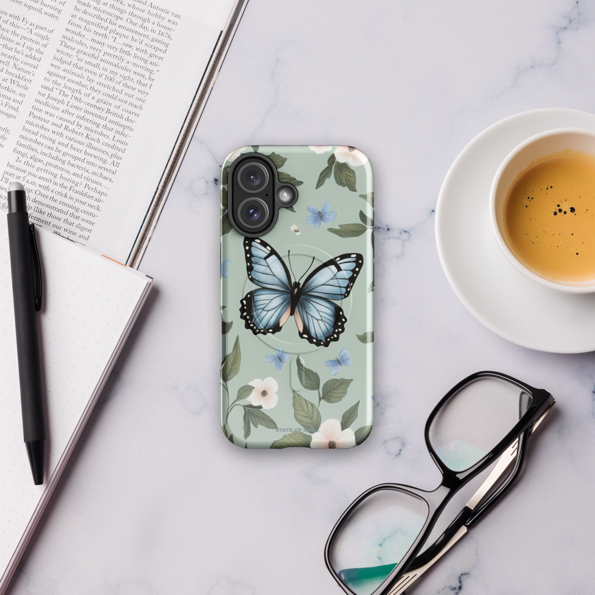 Vintage-inspired butterfly phone case with hand-drawn floral design and white border
