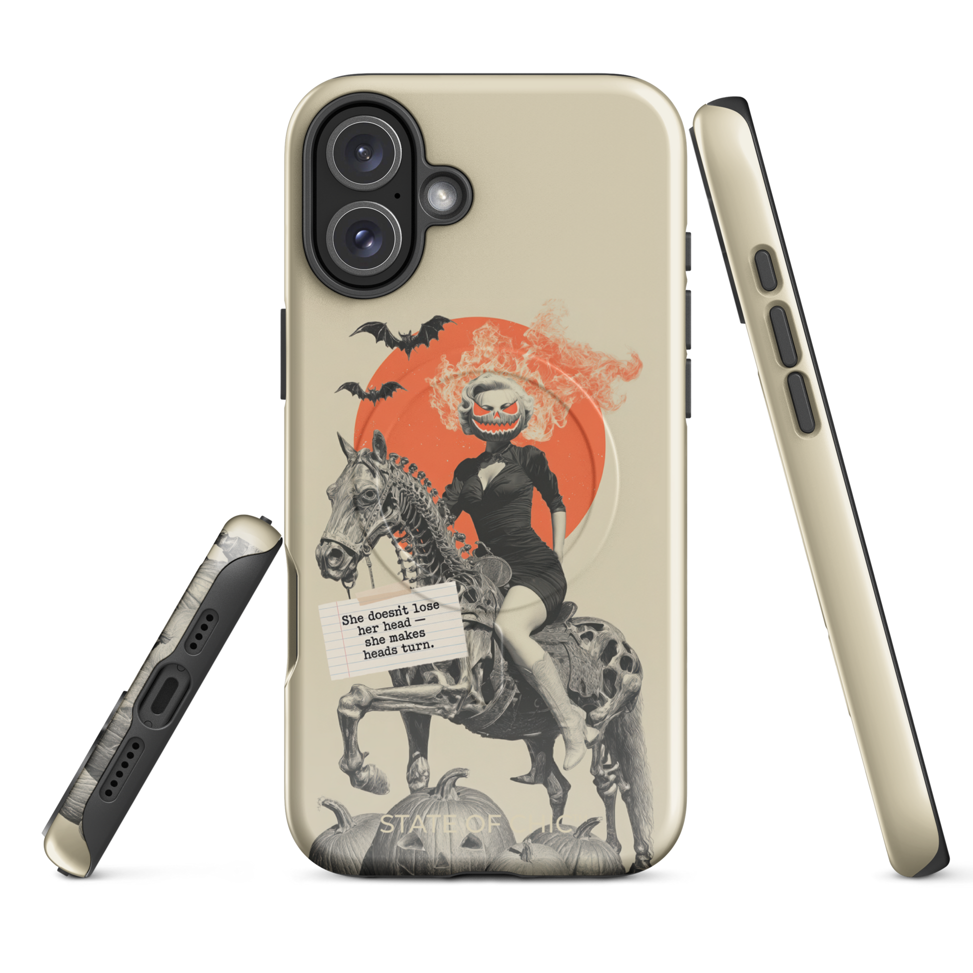 🎃🐎 Pin-Up Headless Horsewoman iPhone Case | Vintage 1950s Spooky Chic MagSafe® Tough Cover (14–17)