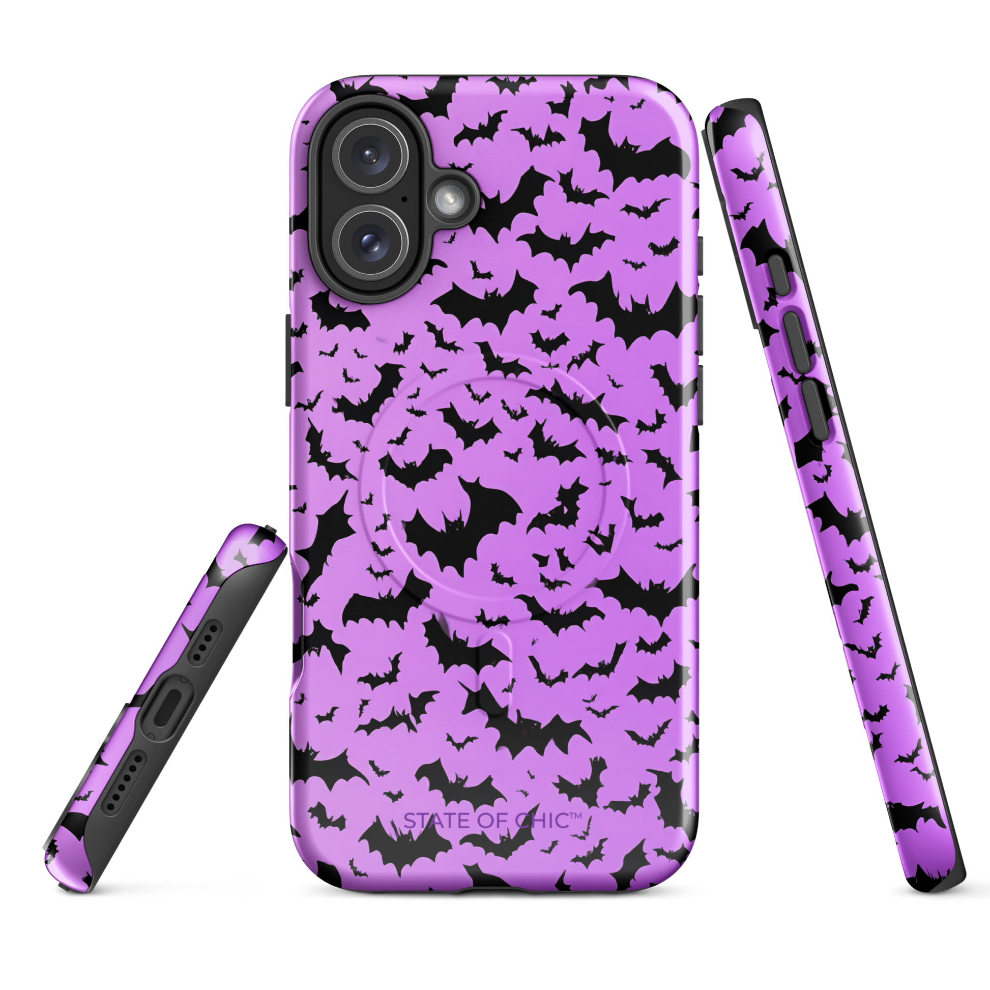 🦇 Black Bats Pattern MagSafe® Tough Case for iPhone® 14, 15, 16, 17 | Minimalist Purple Halloween Design