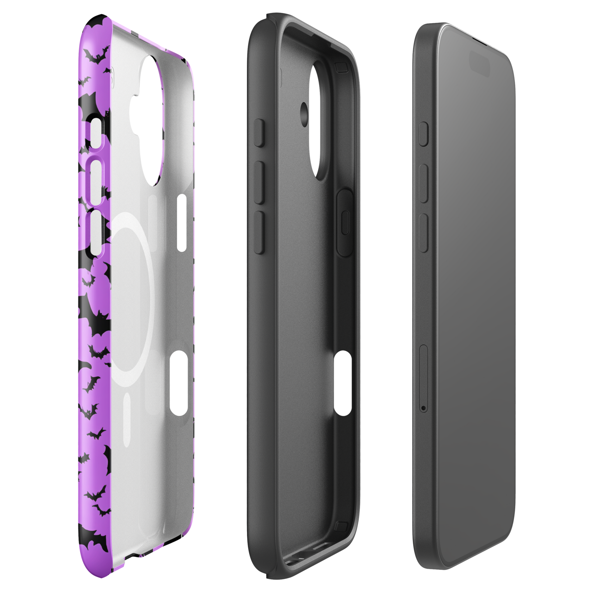 🦇 Black Bats Pattern MagSafe® Tough Case for iPhone® 14, 15, 16, 17 | Minimalist Purple Halloween Design