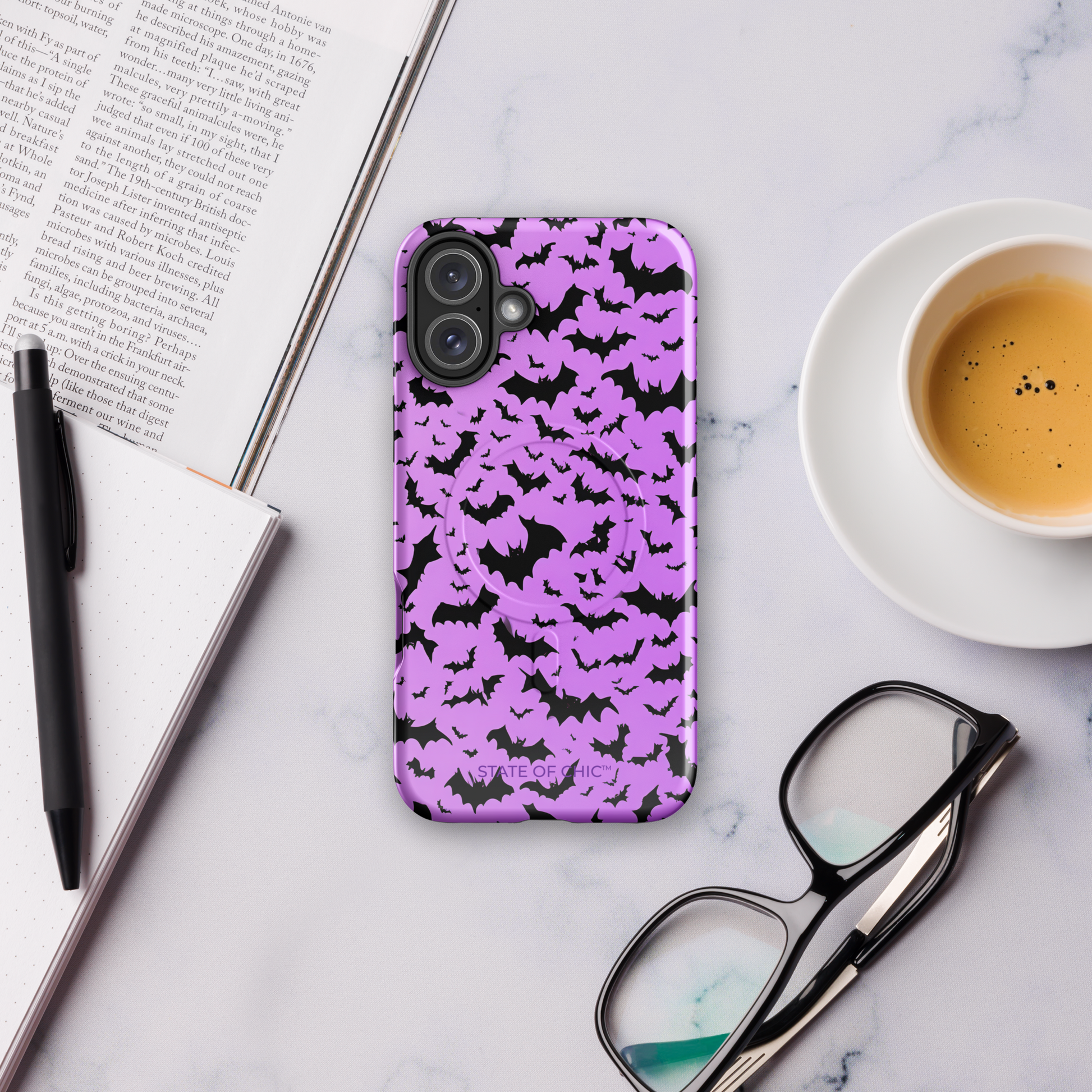 🦇 Black Bats Pattern MagSafe® Tough Case for iPhone® 14, 15, 16, 17 | Minimalist Purple Halloween Design