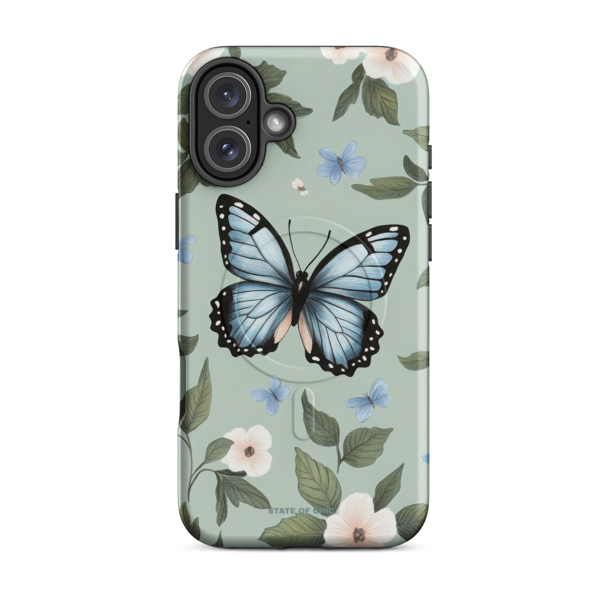 Ulysses butterfly iPhone case with pastel green floral background and MagSafe compatibility