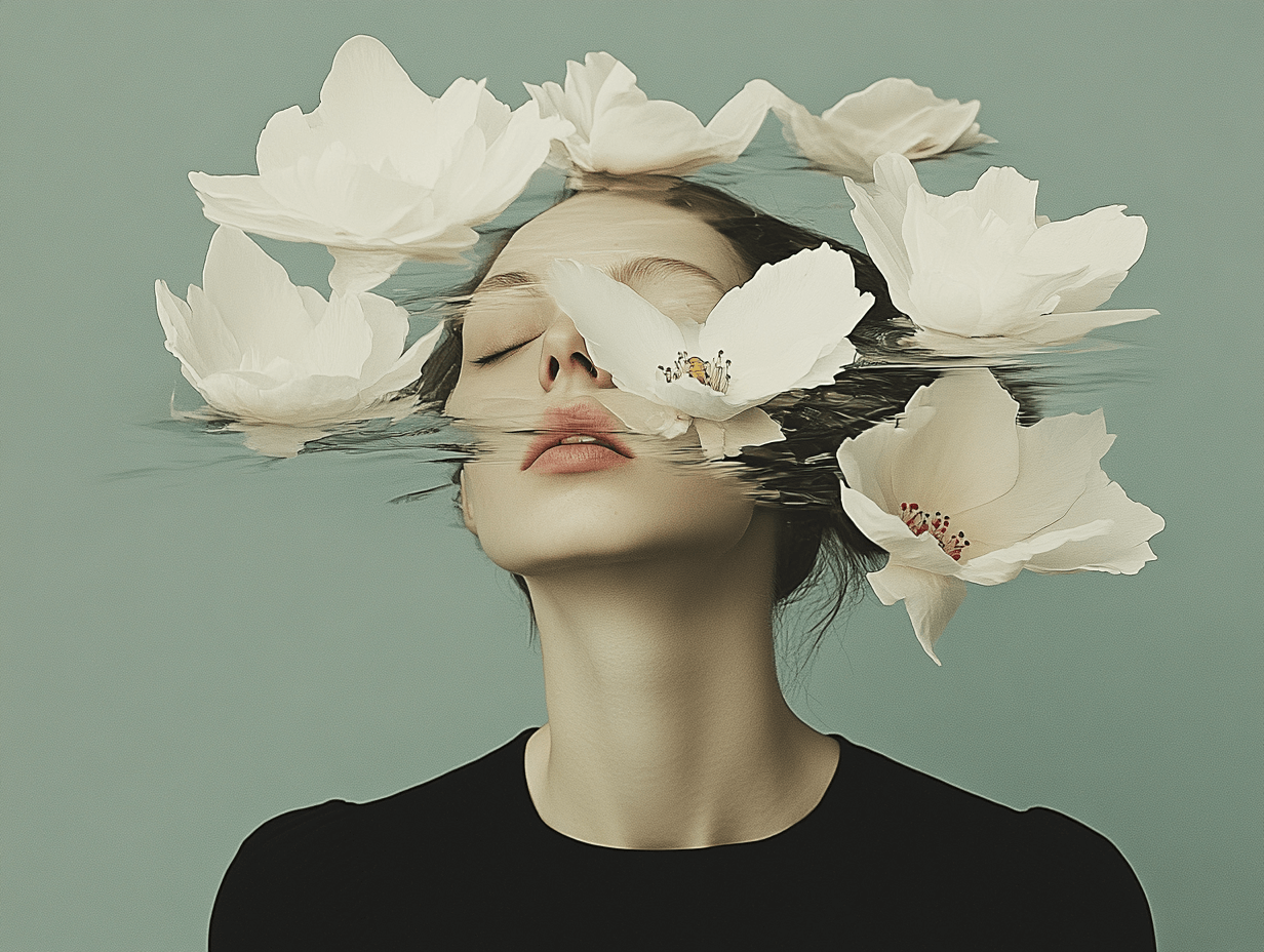 Surreal minimalist portrait of a woman wearing a waterflower crown, blending hyper-realism with soft fantasy for bold modern wall art.