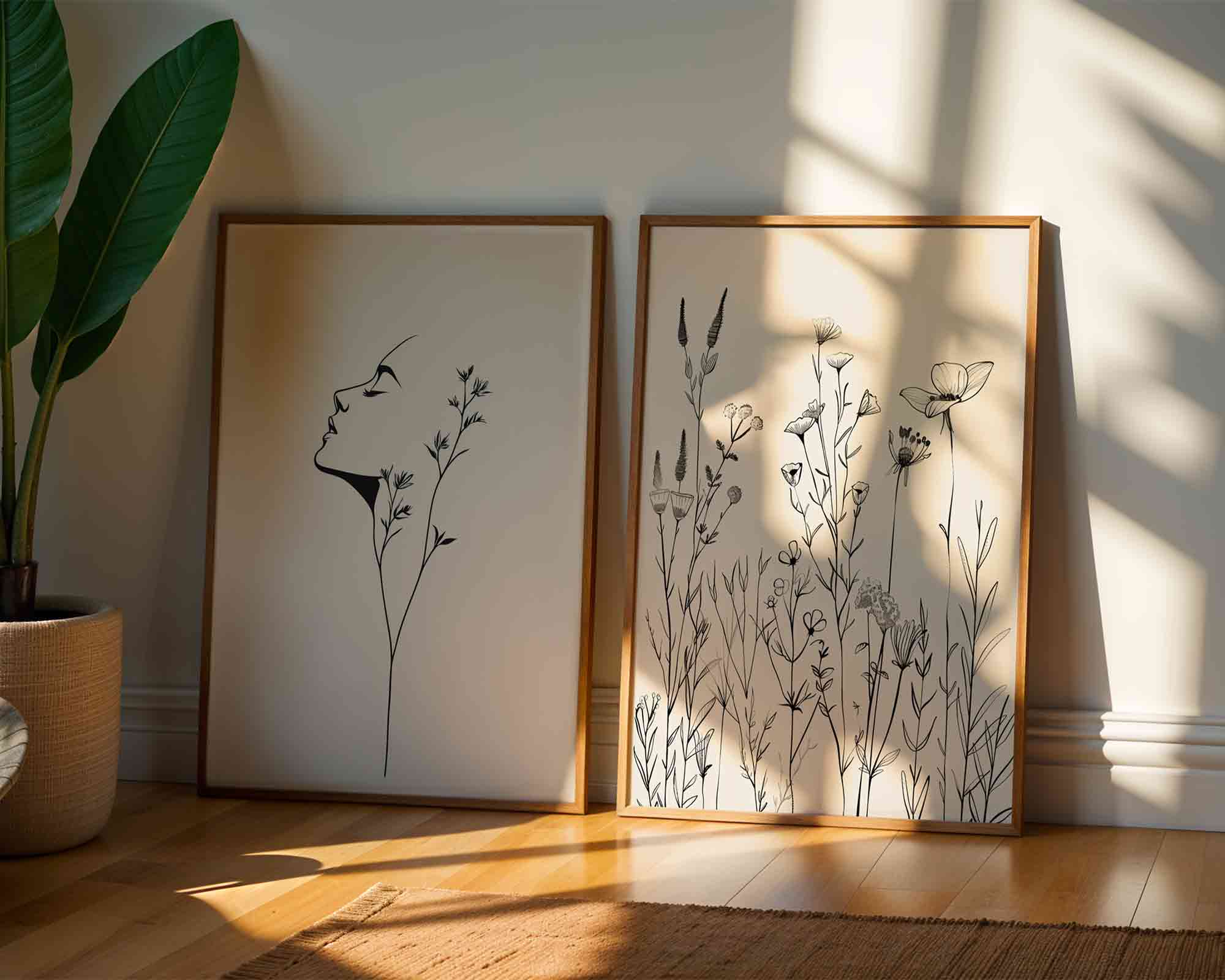 Minimalist line art nature print displayed in a modern frame mockup, styled for contemporary wall décor and home interiors.