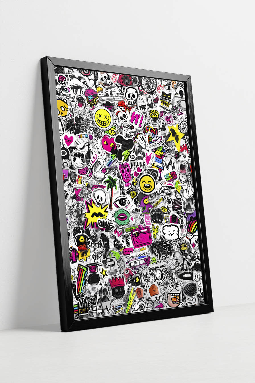 🙃 Chaotic Doodle Collage | Neon Graffiti-Inspired Canvas Wall Art – Framed