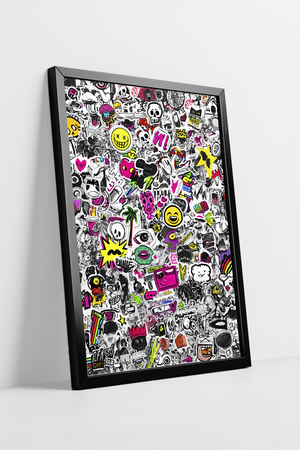 🙃 Chaotic Doodle Collage | Neon Graffiti-Inspired Canvas Wall Art – Framed