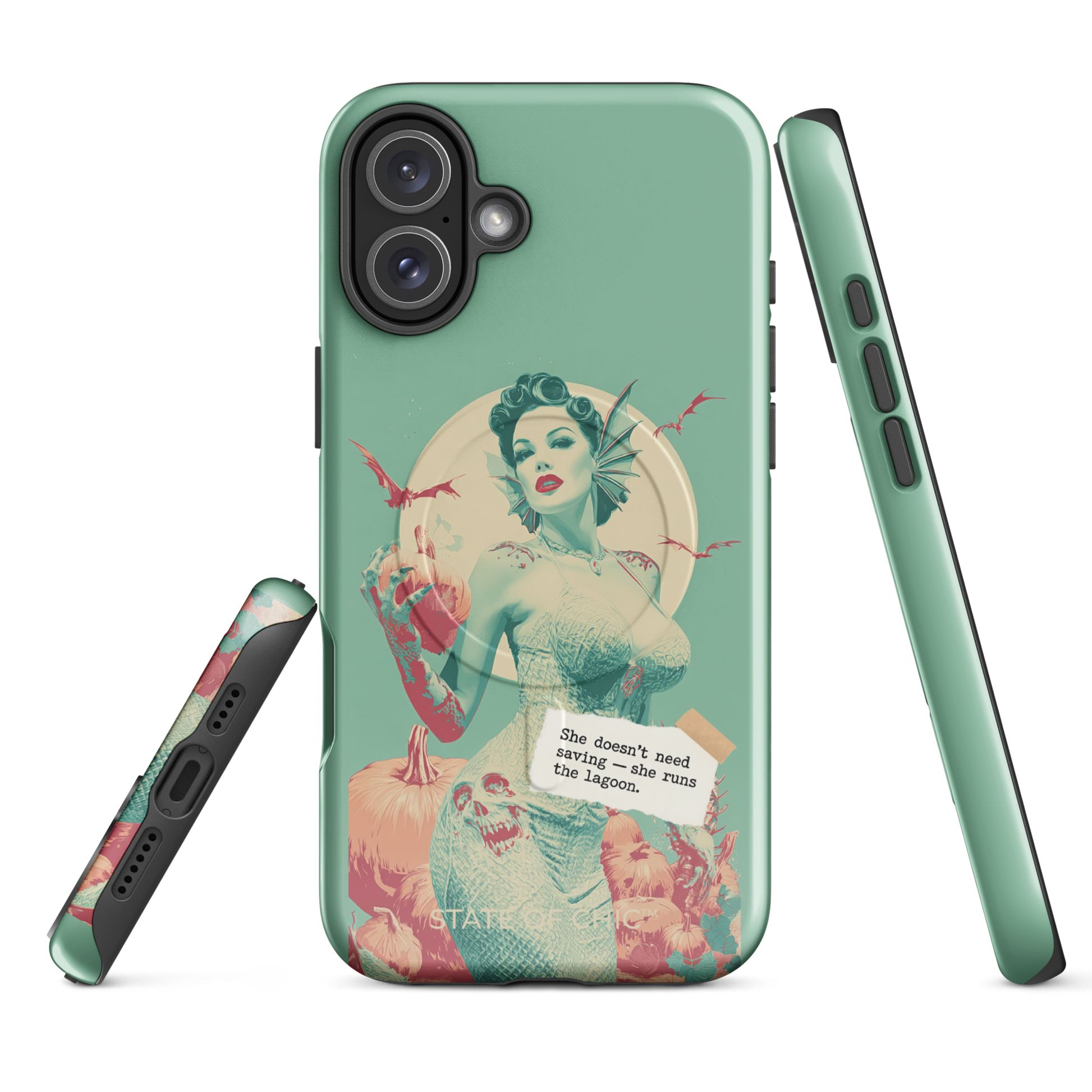 🧟‍♀️🌊 Pin-Up Lagoon Siren iPhone Case | Vintage 1950s Spooky Chic MagSafe® Tough Cover (14–17)