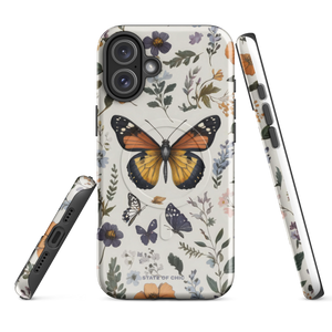 Elegant butterfly iPhone case with delicate linework, botanical accents, and a hand-drawn inspired aesthetic on a soft purple base.