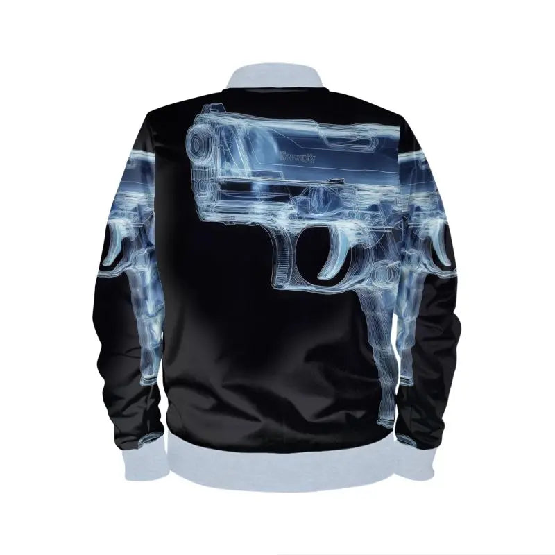 Edgy x-ray gun print bomber jacket | blue & black men’s streetwear | sizes XS-4XL | Back View, CLICK TO BUY