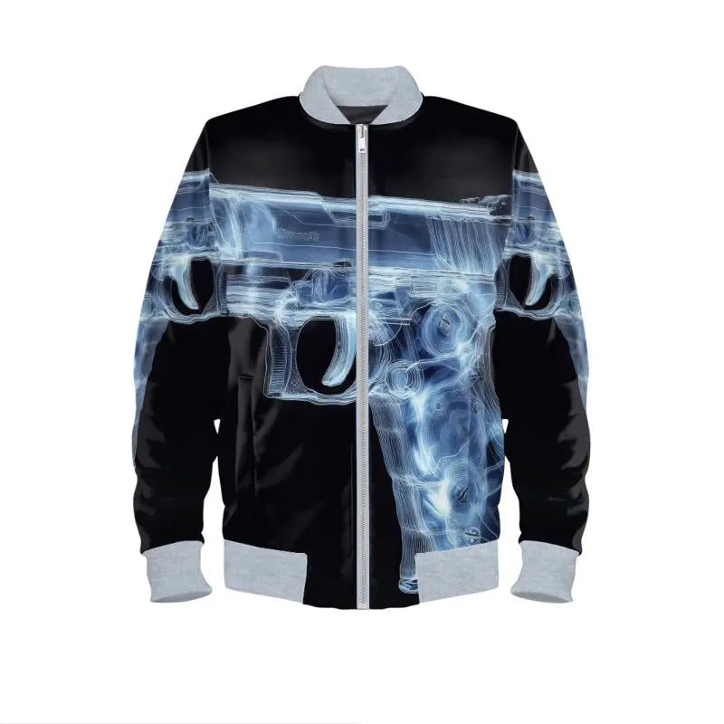 Edgy x-ray gun print bomber jacket | blue & black men’s streetwear | sizes XS-4XL | Front View, CLICK TO BUY