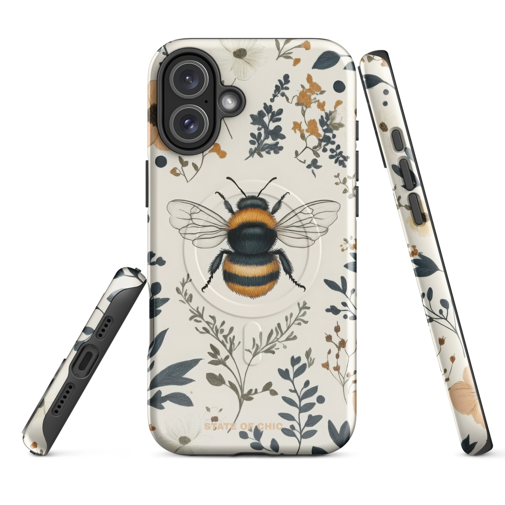 Ultra MagSafe iPhone case featuring a vintage bee pattern with elegant botanical accents in muted tones