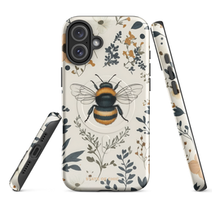Ultra MagSafe iPhone case featuring a vintage bee pattern with elegant botanical accents in muted tones