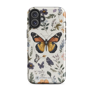 FlutterBloom Ultra MagSafe® iPhone case featuring a pastel purple background with a vintage-inspired butterfly and floral design.