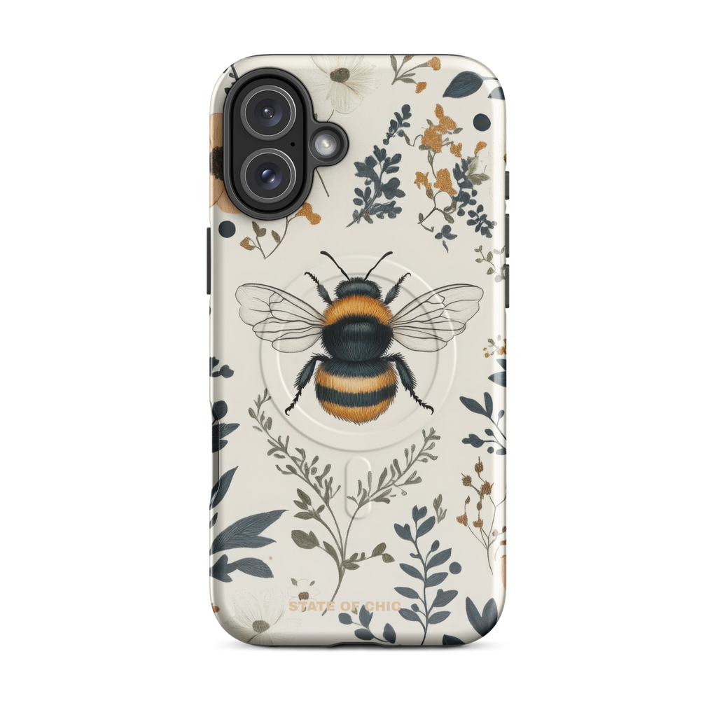 iPhone case with inspired-by-hand-drawn bumblebees and soft pastel floral design on a cream background