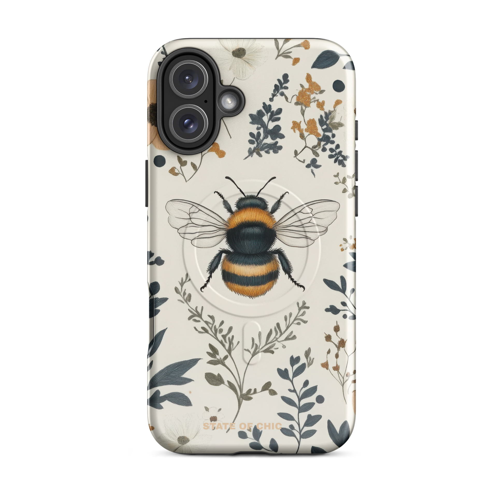 iPhone case with inspired-by-hand-drawn bumblebees and soft pastel floral design on a cream background