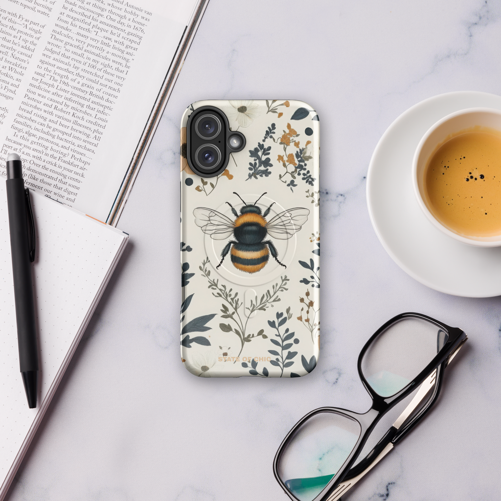 Bumblebee iPhone case with a serene pastel floral motif, perfect gift for nature and art lovers