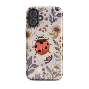 Front view of pastel purple iPhone case featuring a cute ladybug with botanical floral design, Ultra MagSafe® compatible.