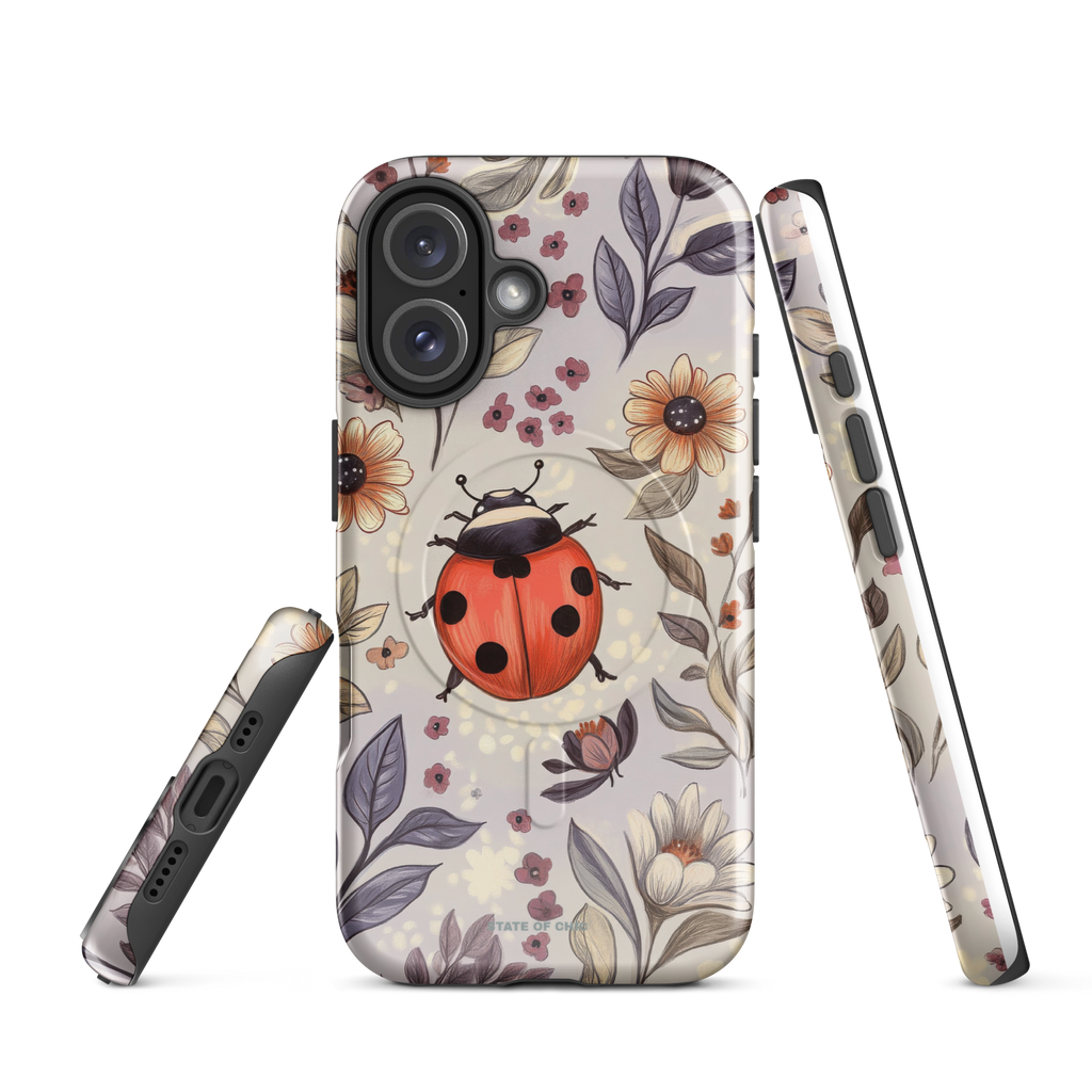 Side profile of MagSafe® ladybug iPhone case with soft pastel floral patterns on a purple background.
