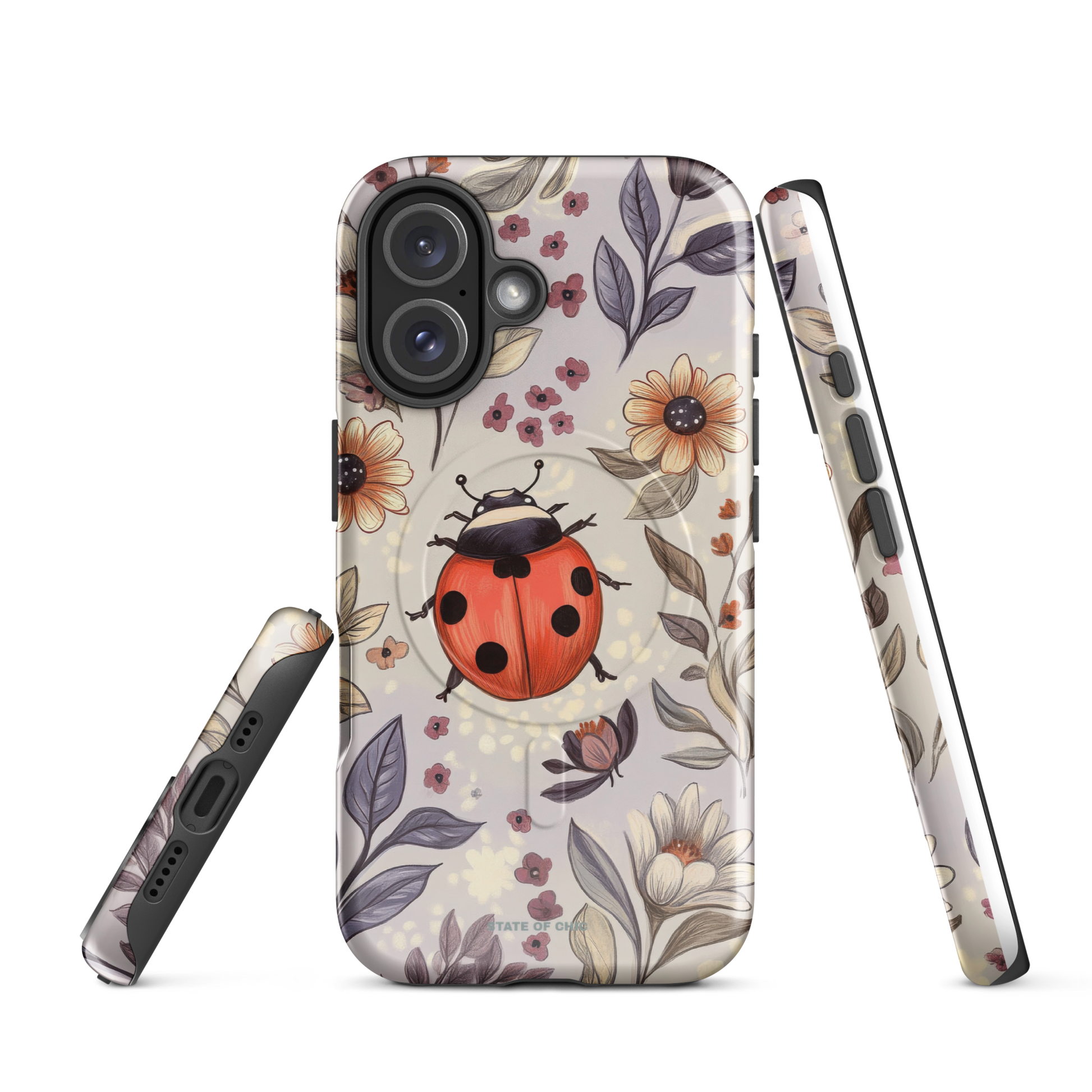Side profile of MagSafe® ladybug iPhone case with soft pastel floral patterns on a purple background.