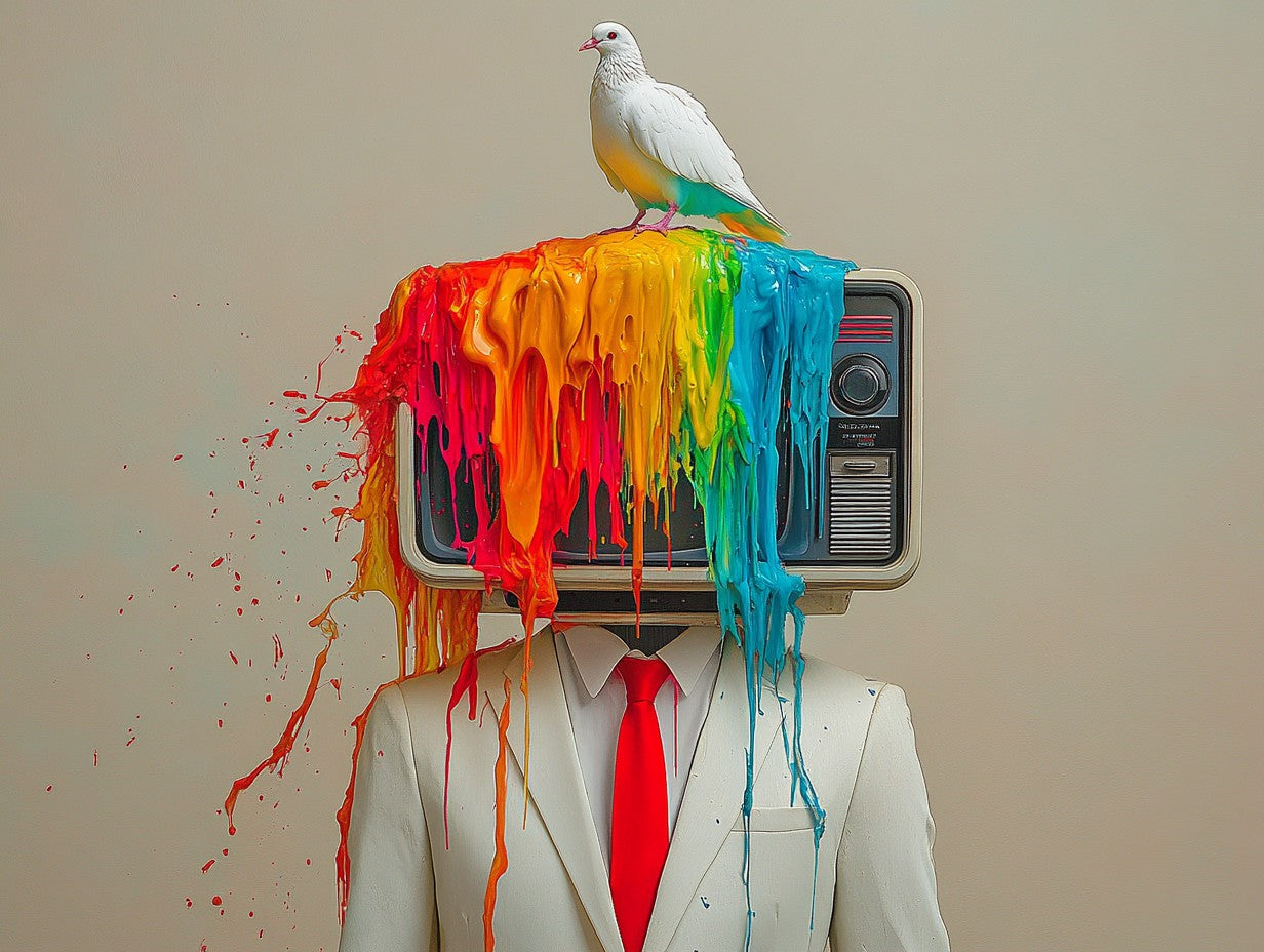 Neon TV Head framed canvas art print featuring a surreal figure with glowing colors, perfect for bold modern interiors and visionary home or office spaces.