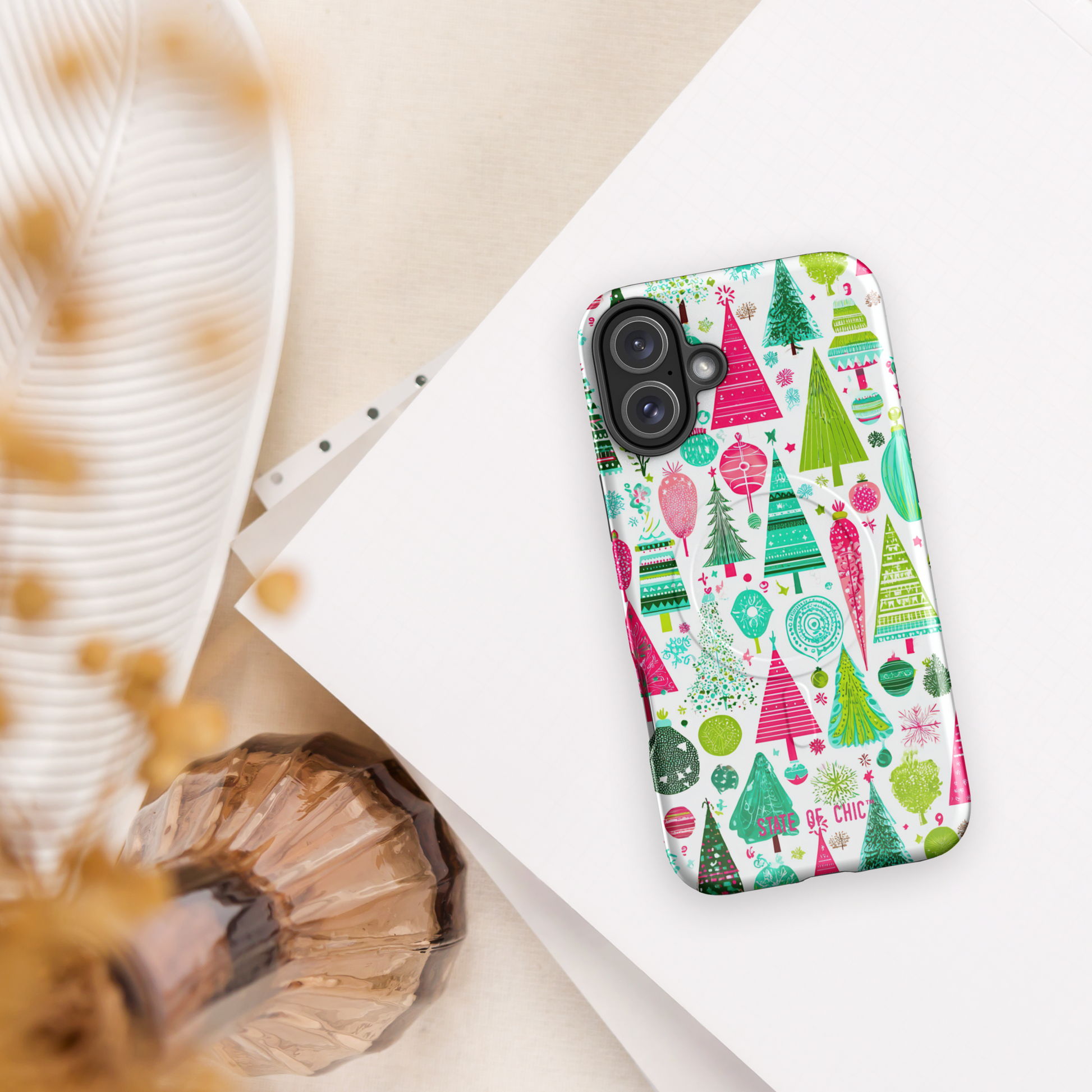 Cute Christmas Tree Pattern MagSafe® Tough Case for iPhone® 14, 15, 16 | Festive Holiday Cartoon Design