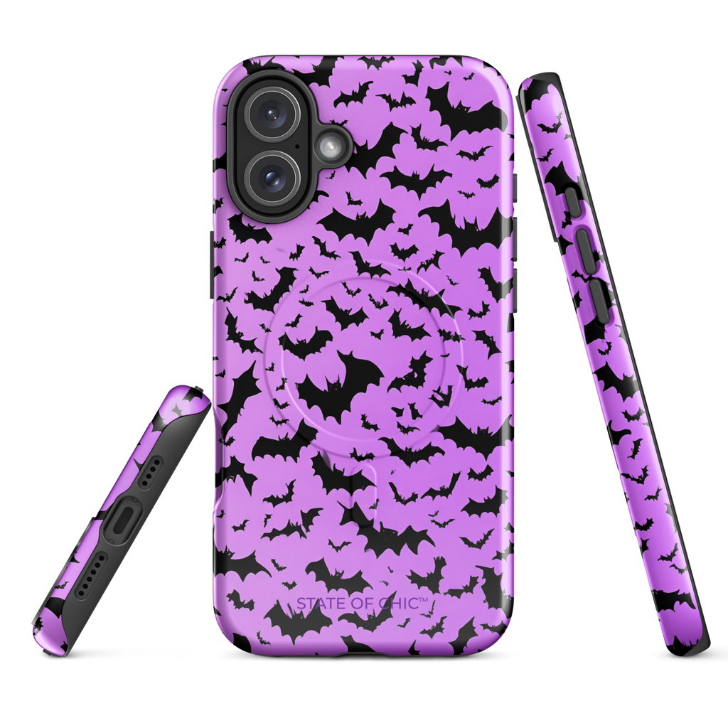 🦇 Black Bats Pattern MagSafe® Tough Case for iPhone® 14, 15, 16, 17 | Minimalist Purple Halloween Design