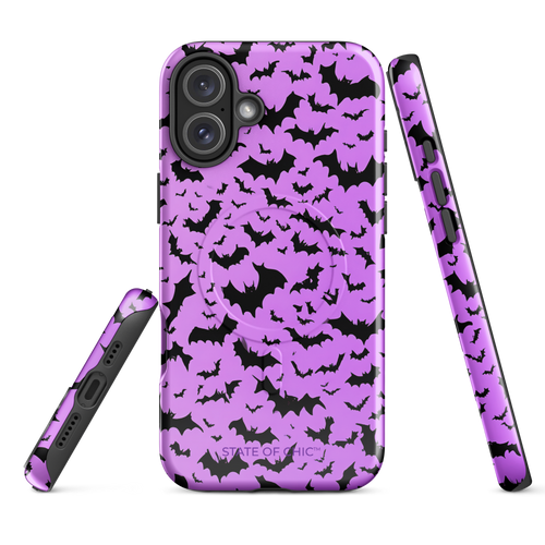 🦇 Black Bats Pattern MagSafe® Tough Case for iPhone® 14, 15, 16, 17 | Minimalist Purple Halloween Design