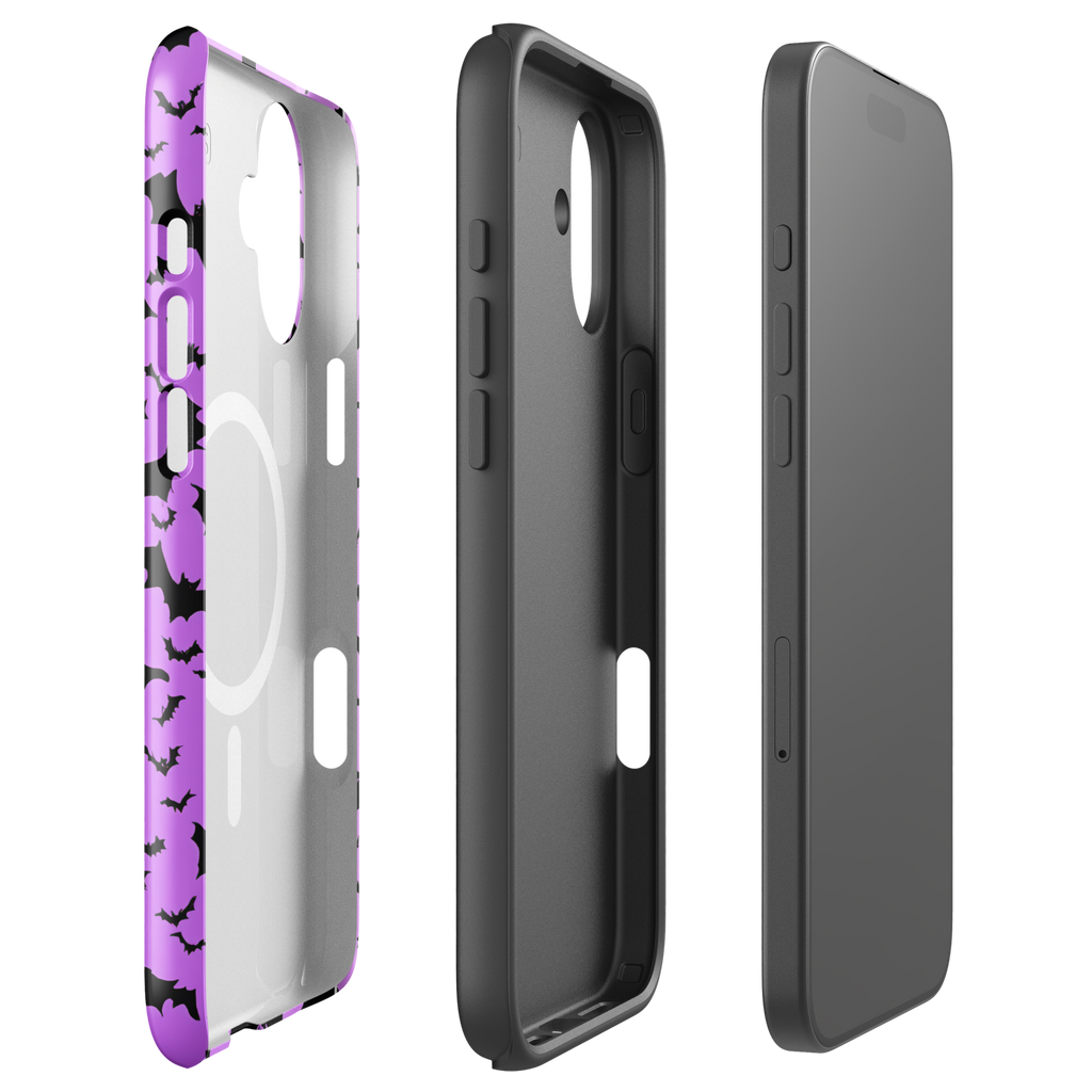 🦇 Black Bats Pattern MagSafe® Tough Case for iPhone® 14, 15, 16, 17 | Minimalist Purple Halloween Design