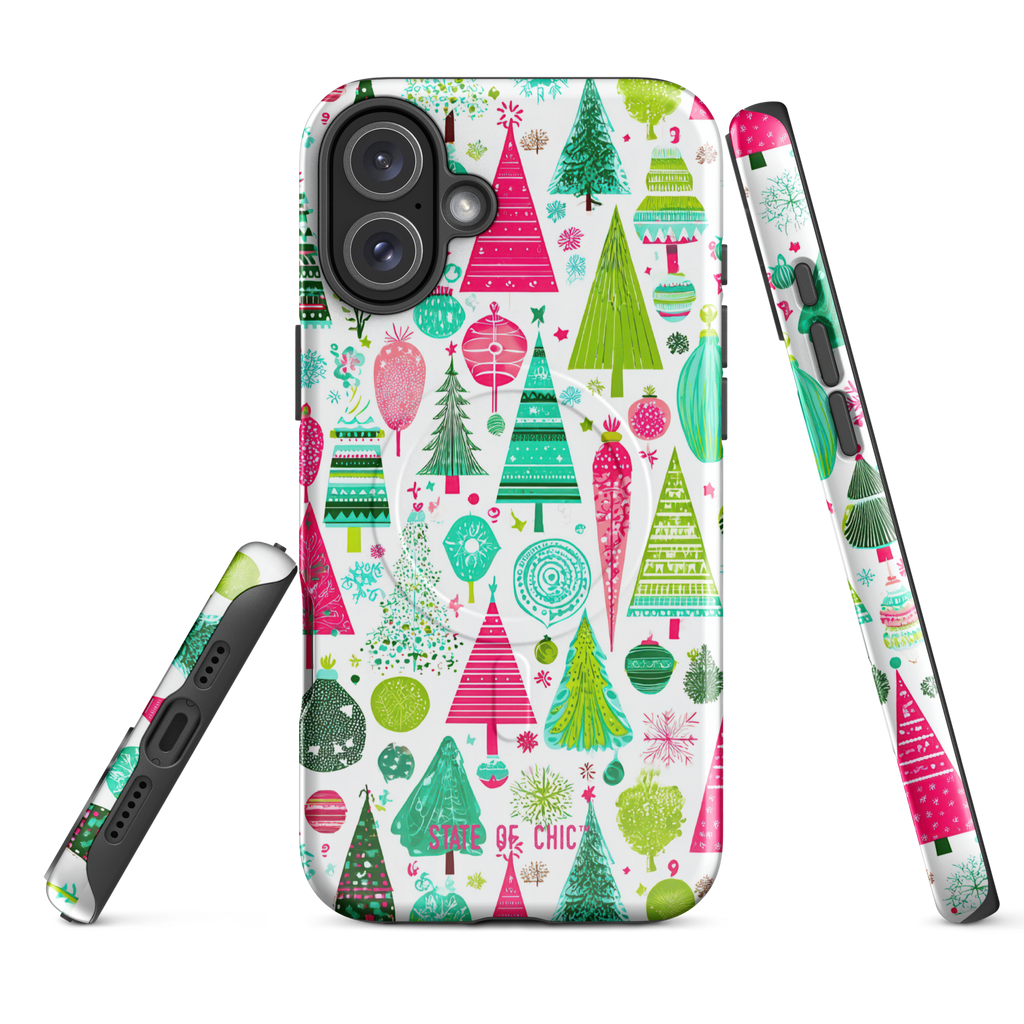 Cute Christmas Tree Pattern MagSafe® Tough Case for iPhone® 14, 15, 16 | Festive Holiday Cartoon Design