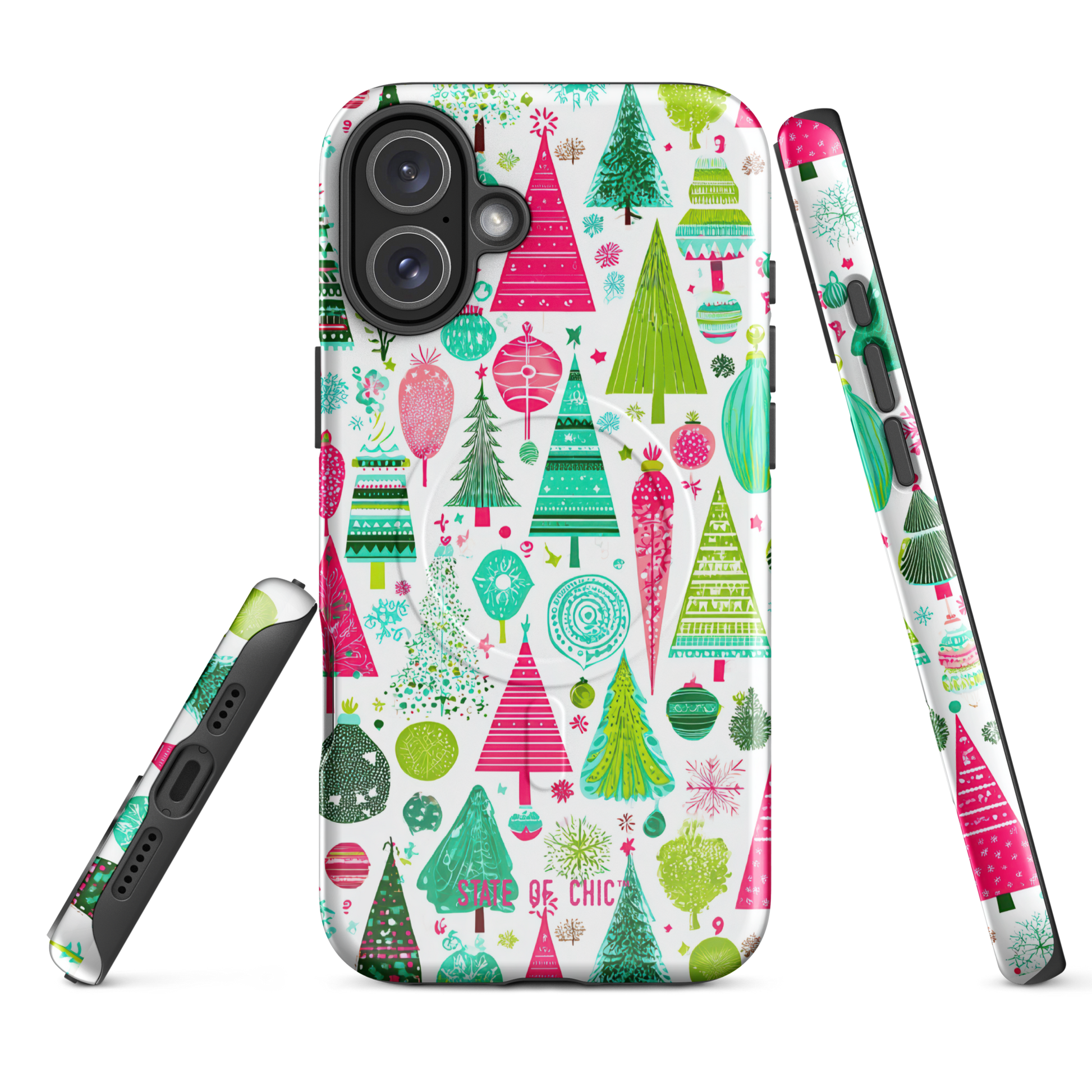 Cute Christmas Tree Pattern MagSafe® Tough Case for iPhone® 14, 15, 16 | Festive Holiday Cartoon Design