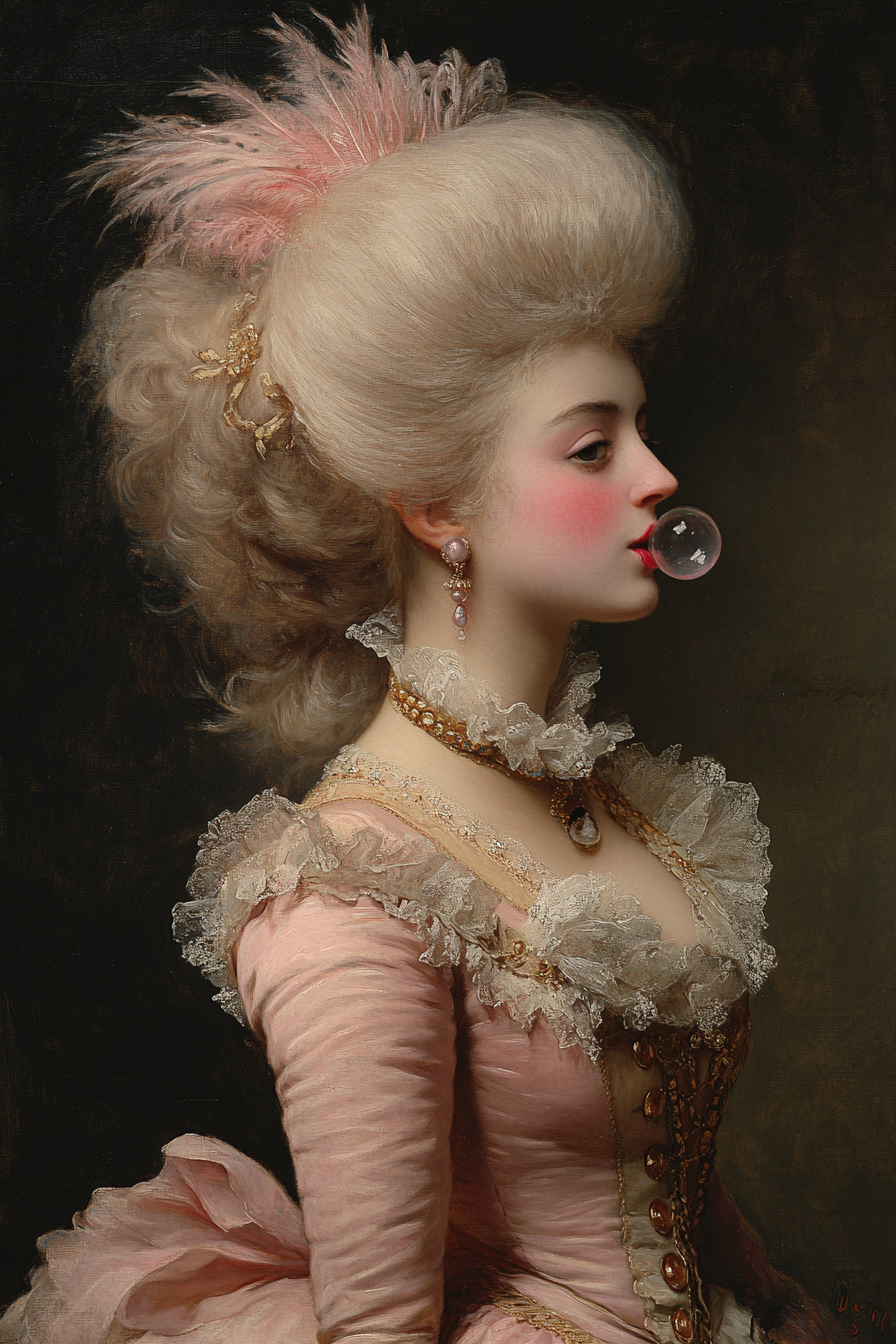 Baroque-style portrait of Madame de Pompadour blowing a bubble, perfect for quirky gallery walls or eclectic home décor.