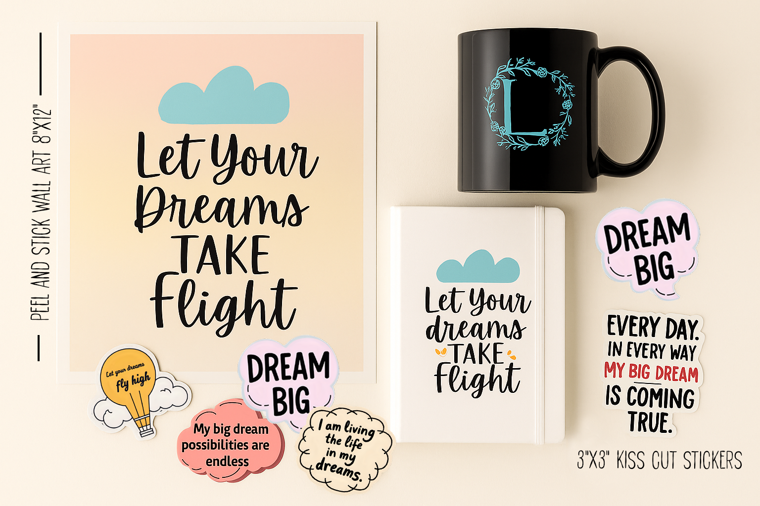 Chic Prints Club Tier 1 curated bundle featuring art prints, motivational journal, mug, t-shirt, and stickers in a premium flat lay scene.
