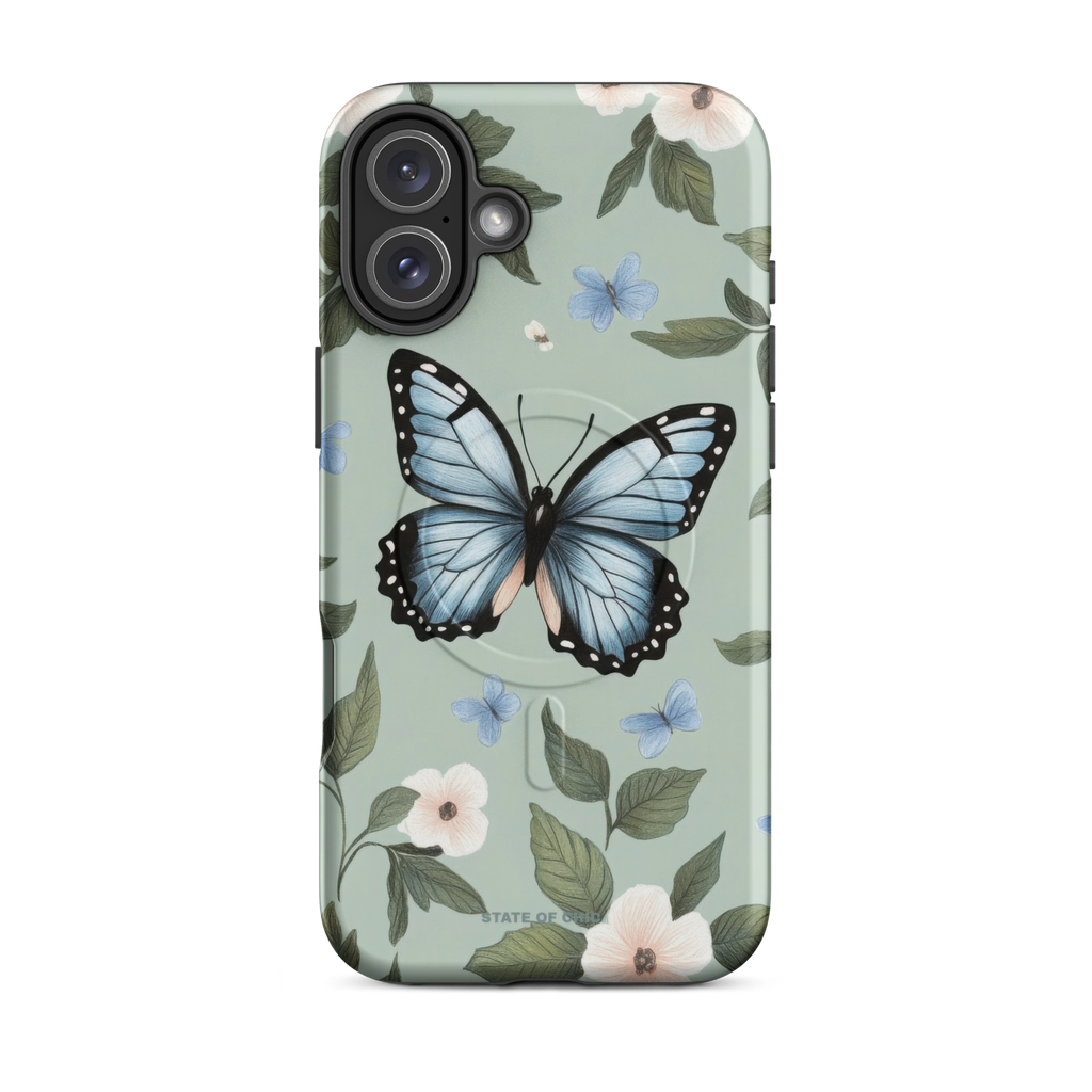 Ulysses butterfly iPhone case with pastel green floral background and MagSafe compatibility