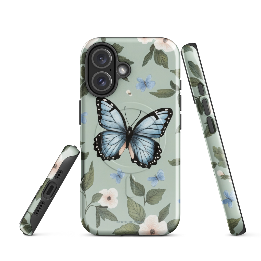 Artistic botanical iPhone case featuring delicate blue butterfly and pink blossoms