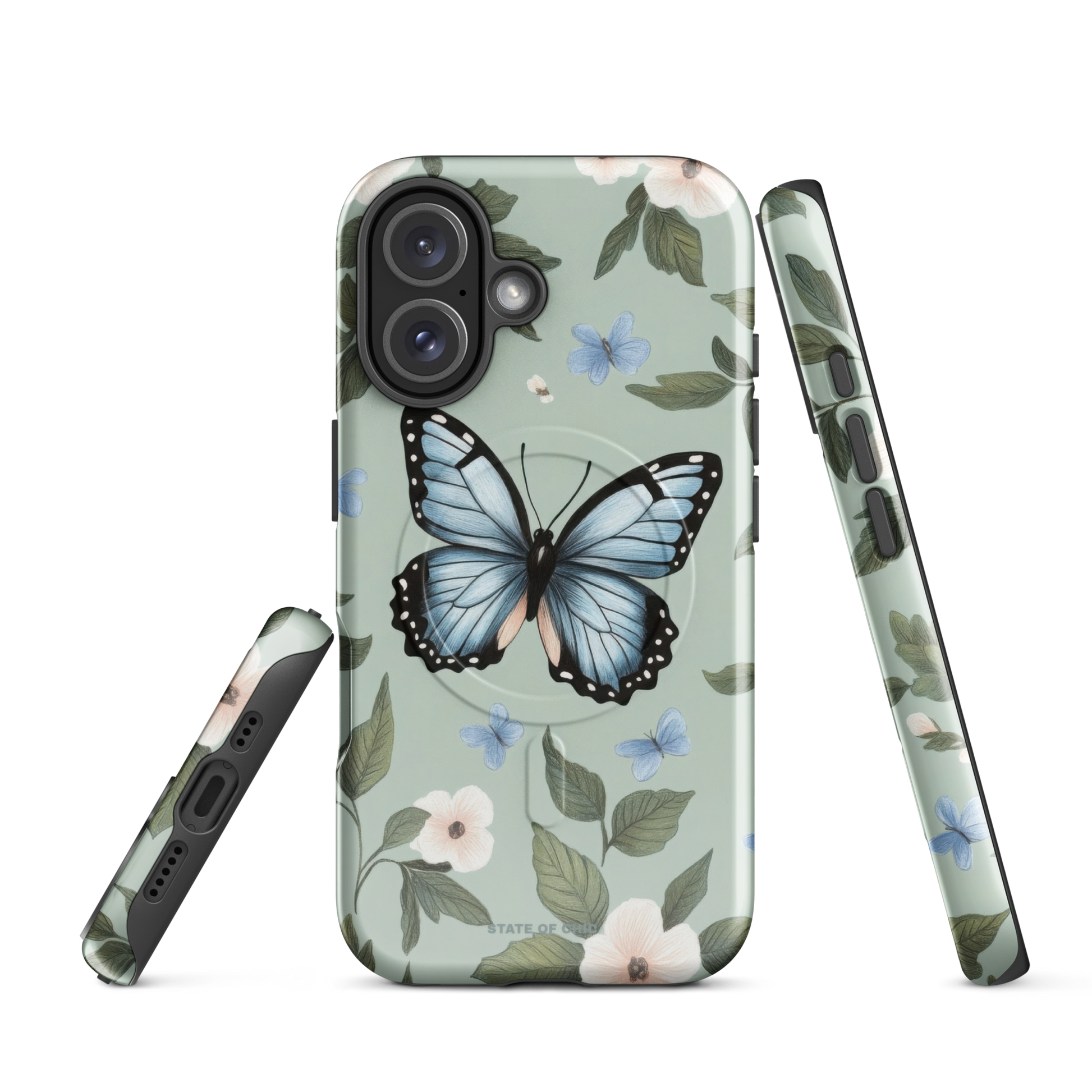 Artistic botanical iPhone case featuring delicate blue butterfly and pink blossoms