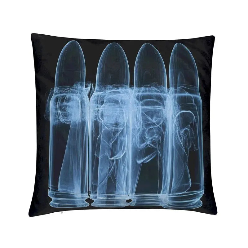 Black and white reversible pillow with gun and bullet x-ray print